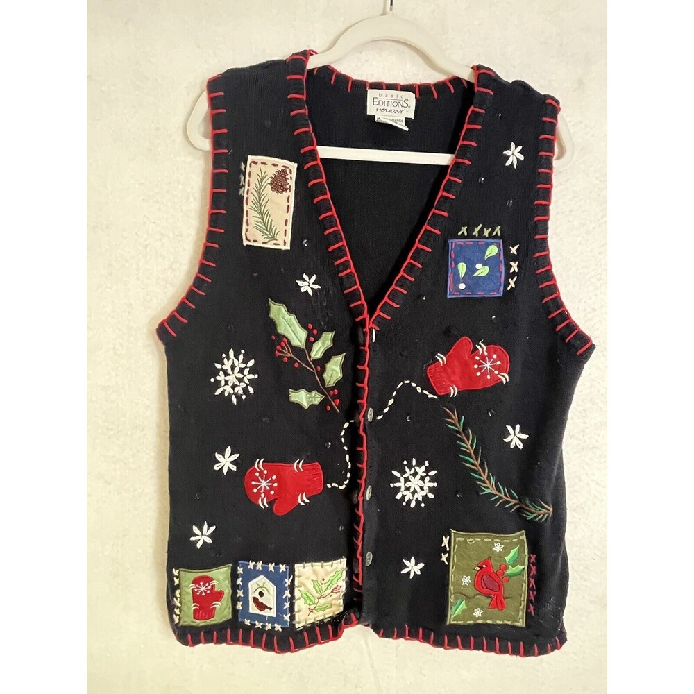 Vintage 90s Basic Editions Holiday Christmas Embroidered Knitted Vest Large